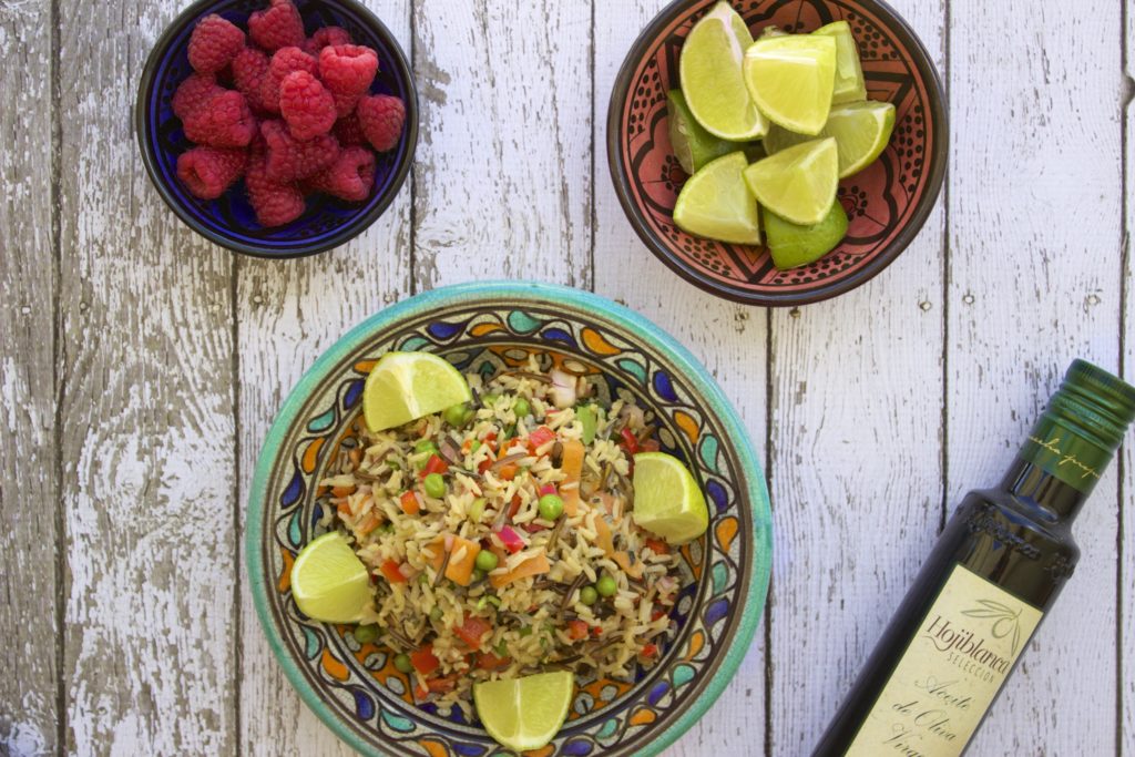 antihistamine rice salad with olive oil bottle