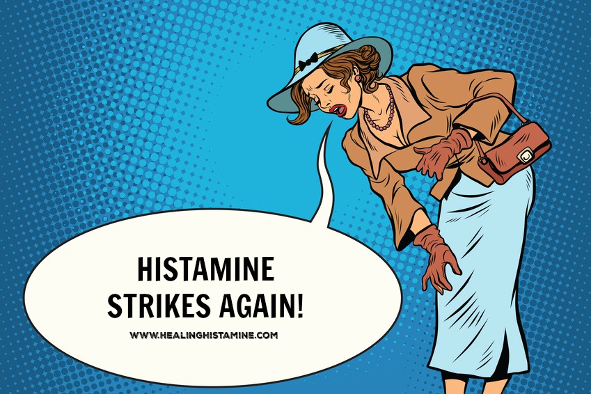 retro cartoon woman bending over text bubble reads "histamine strikes again!"