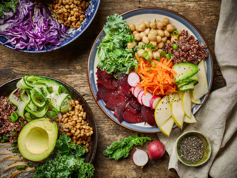 histamine diet Breakfast power bowls for healthy eating on wooden kitchen table, top view